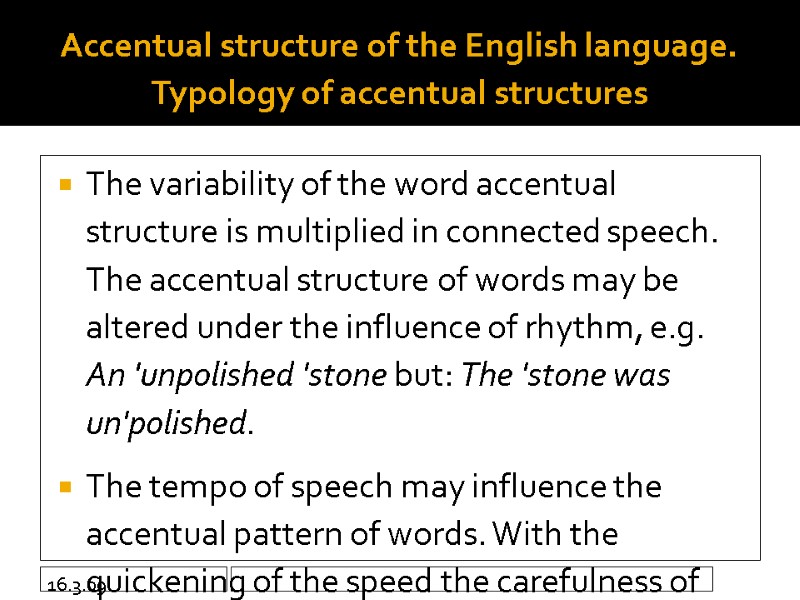 16.3.09 Accentual structure of the English language. Typology of accentual structures The variability of